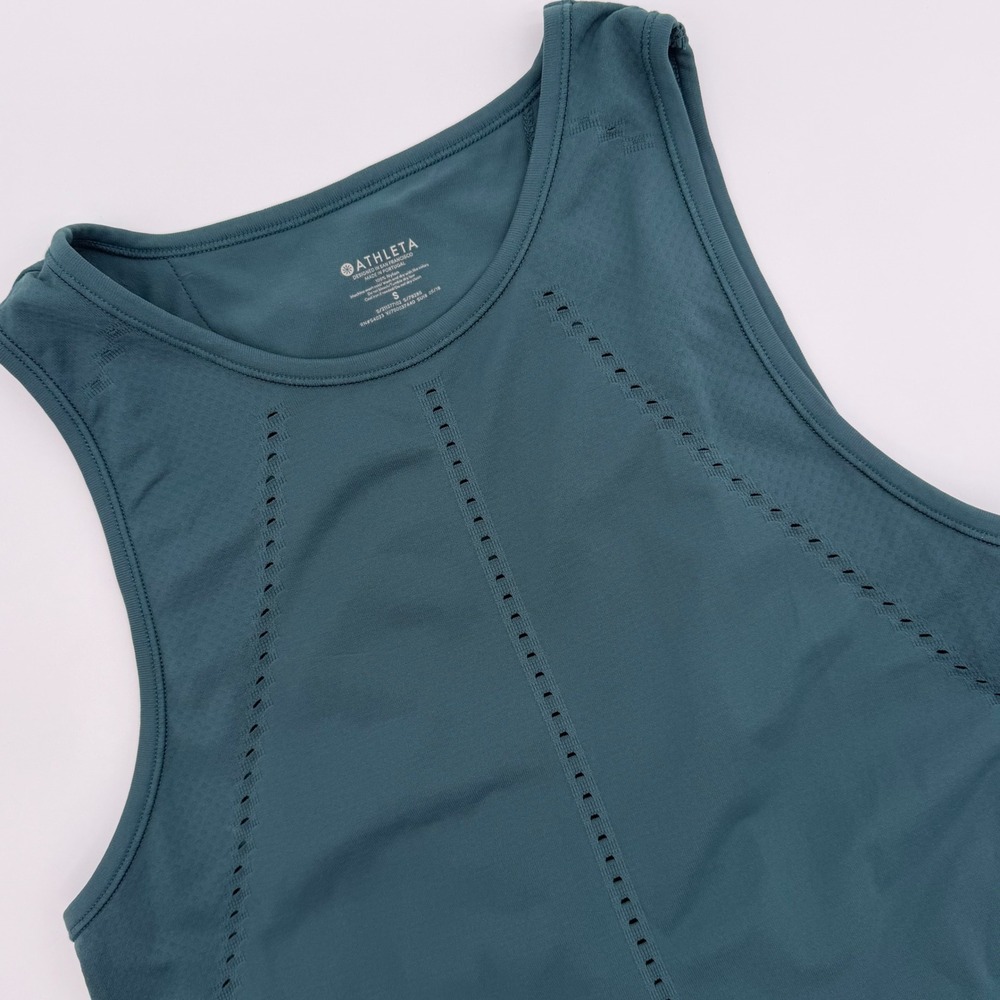 Athleta Carve Tank Top Teal Green Seamless Pointelle Knot Back Yoga S 79285